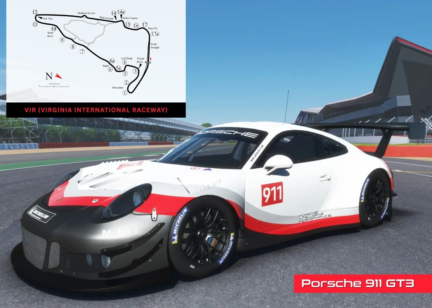 Porsche 911 GT3 on a track with a picture of VIR race map in the corner