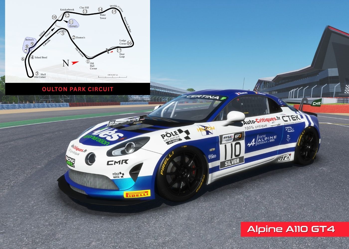Alpine A110 GT4 on a track with a picture of Oulton race map in the corner