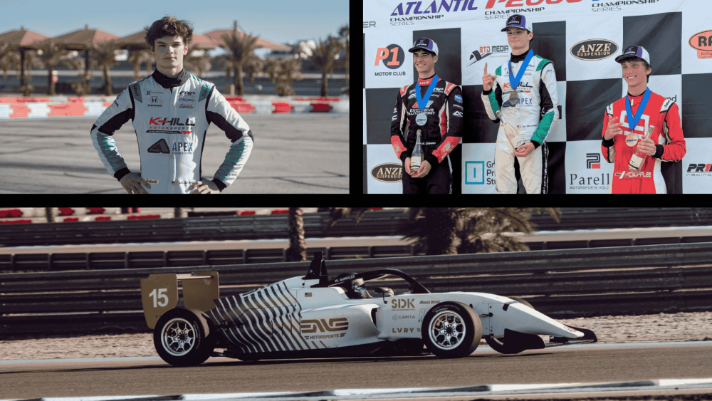 A 3 image collage: (Upper left clockwise) 1. Wesley Gundler in a race suit posing with his hands on his hips on track. 2. Gundler on the race podium after winning Wesley F1600 race two in August 2025. 3. Driving his USF2000 Enve Motorsports car on track