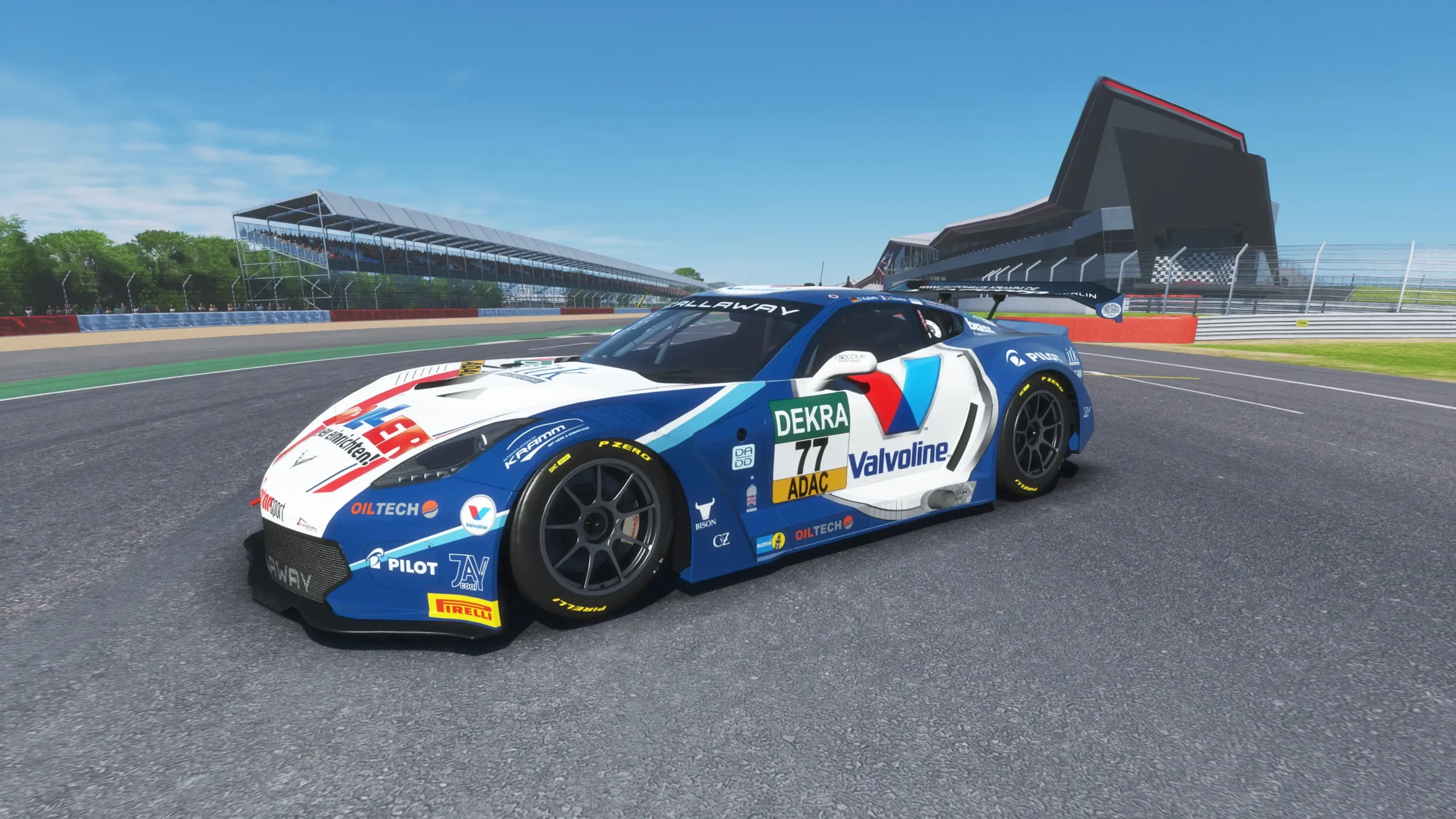 Corvette C7 GT3 competes on a vibrant track in a dynamic video game setting at Apex Racing Lab.