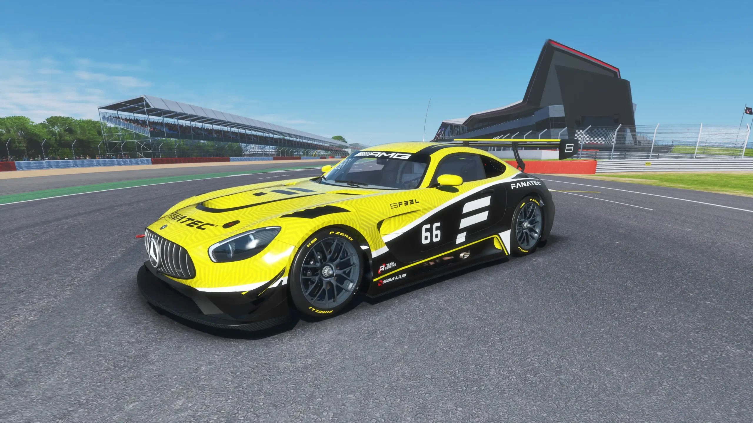 Mercedes AMG GT3 competes on a vibrant track in a dynamic video game setting at Apex Racing Lab.