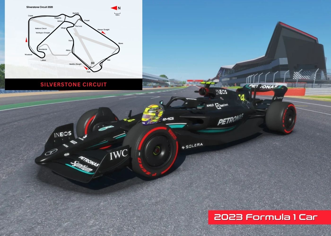 2023 Formula 1 Car on a track with a picture of Silverstone race map in the corner