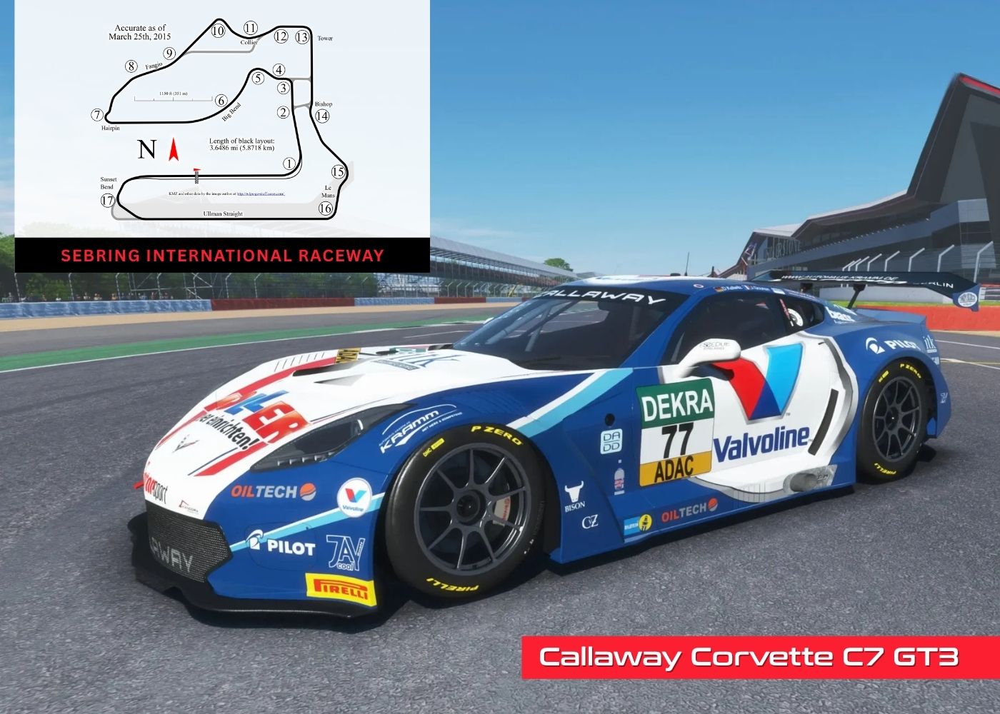 Callaway Corvette C7 GT3 on a track with a picture of Sebring​ race map in the corner