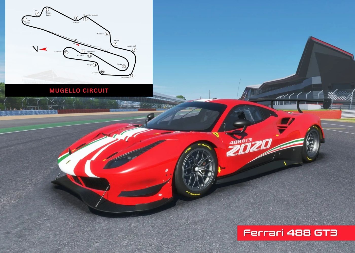 Ferrari 488 GT3 on a track with a picture of Mugello race map in the corner