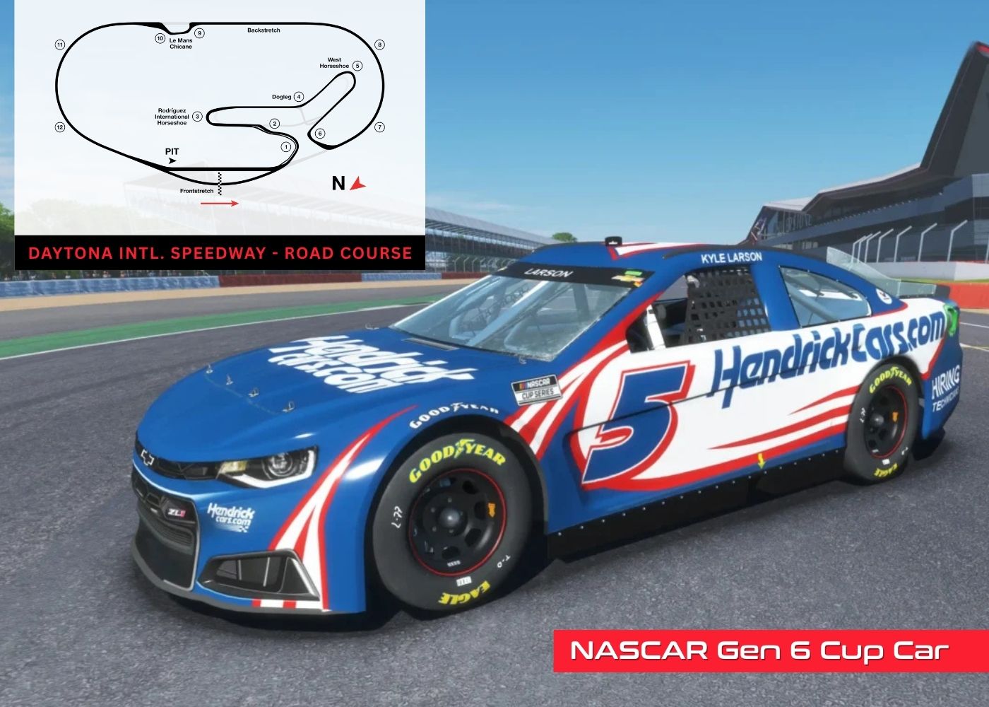 NASCAR Gen 6 Cup Car on a track with a picture of Daytona race map in the corner