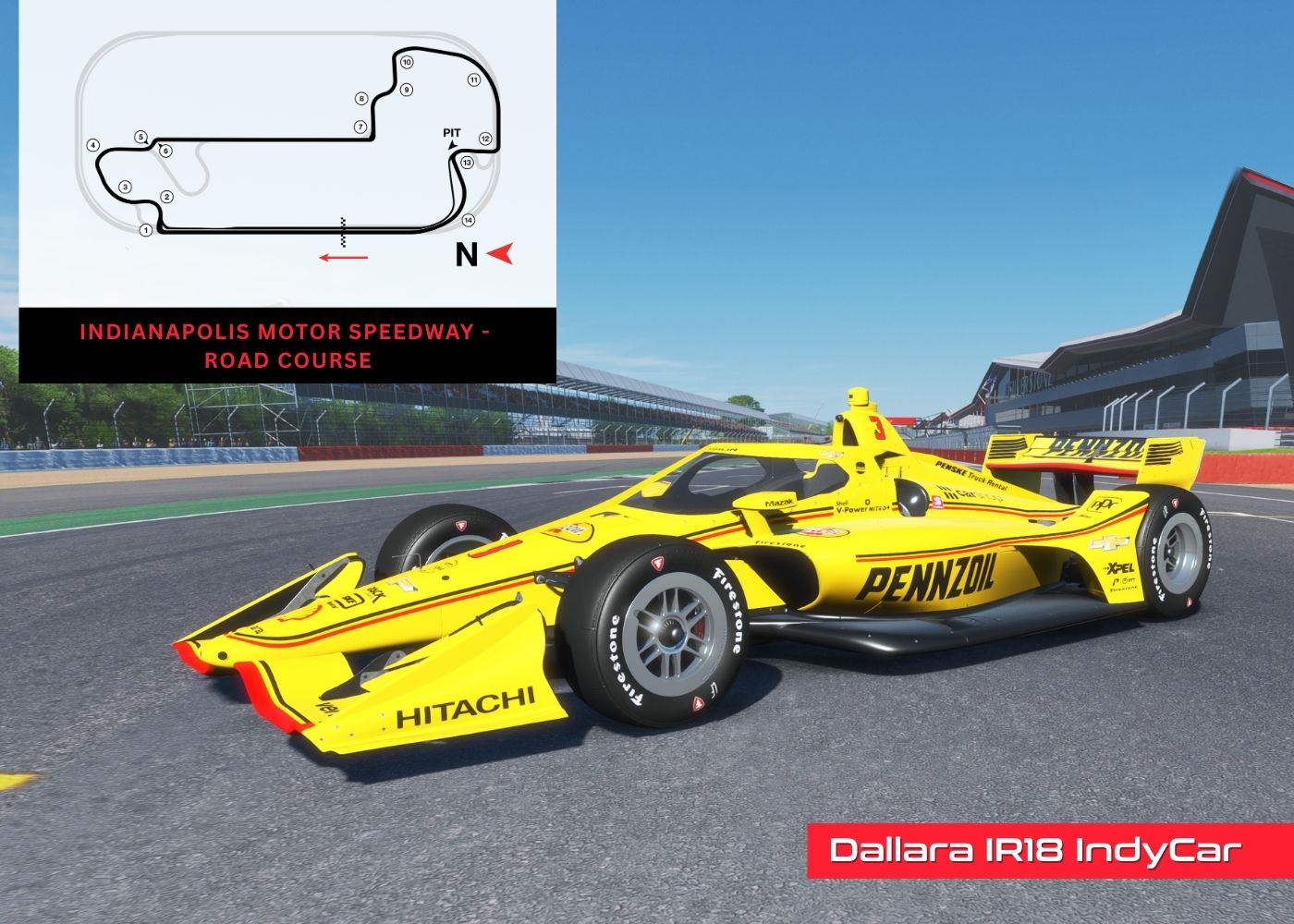Dallara IR18 IndyCar on a track with a picture of Road Indiana race map in the corner