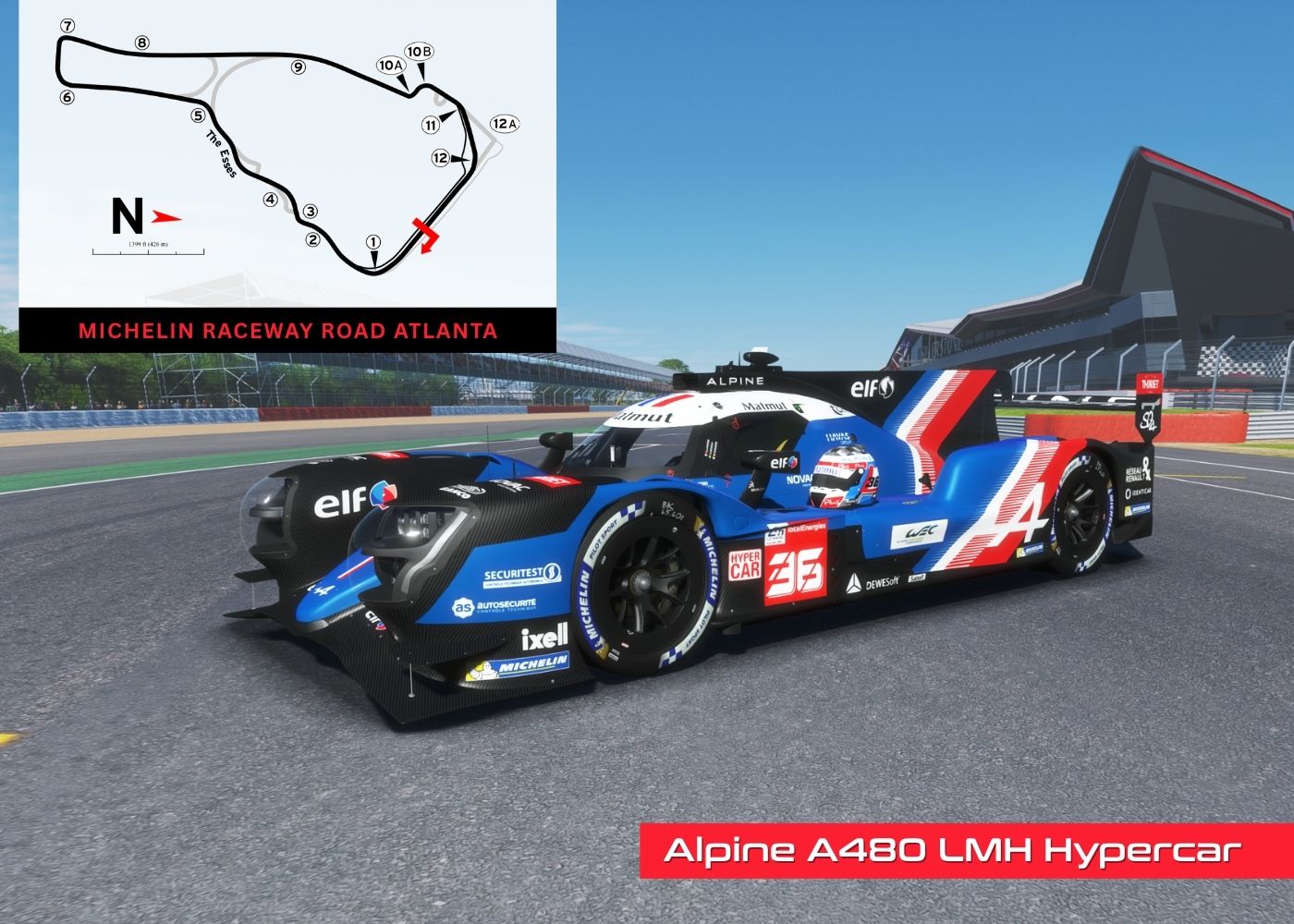 Alpine A480 LMH Hypercar on a track with a picture of Road Atlanta race map in the corner