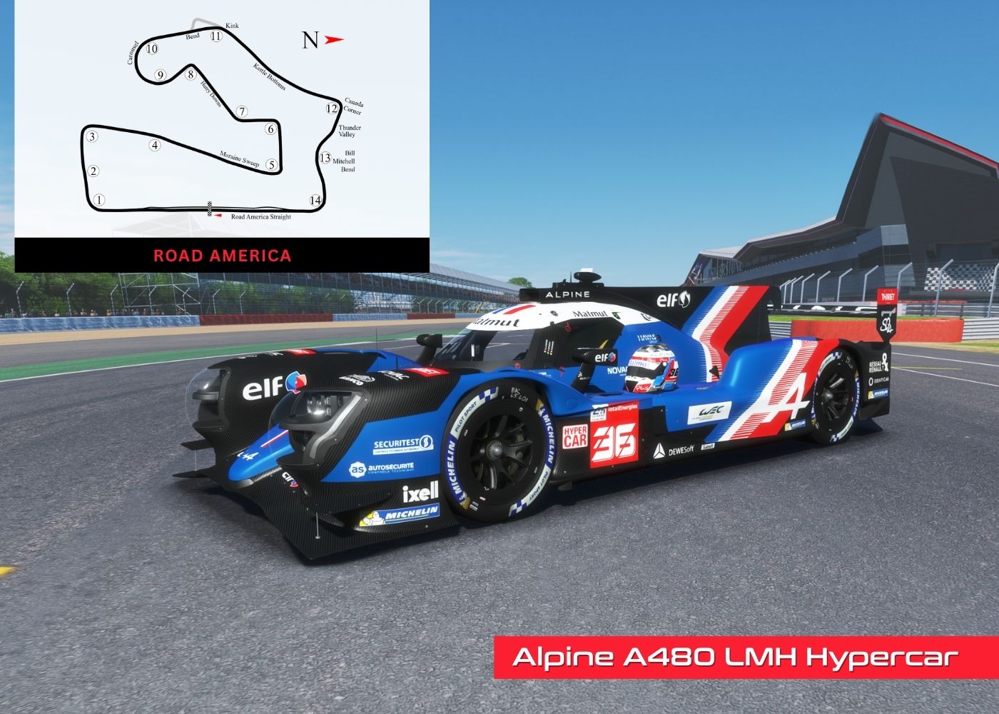 Alpine A480 LMH Hypercar on a track with a picture of Road America race map in the corner
