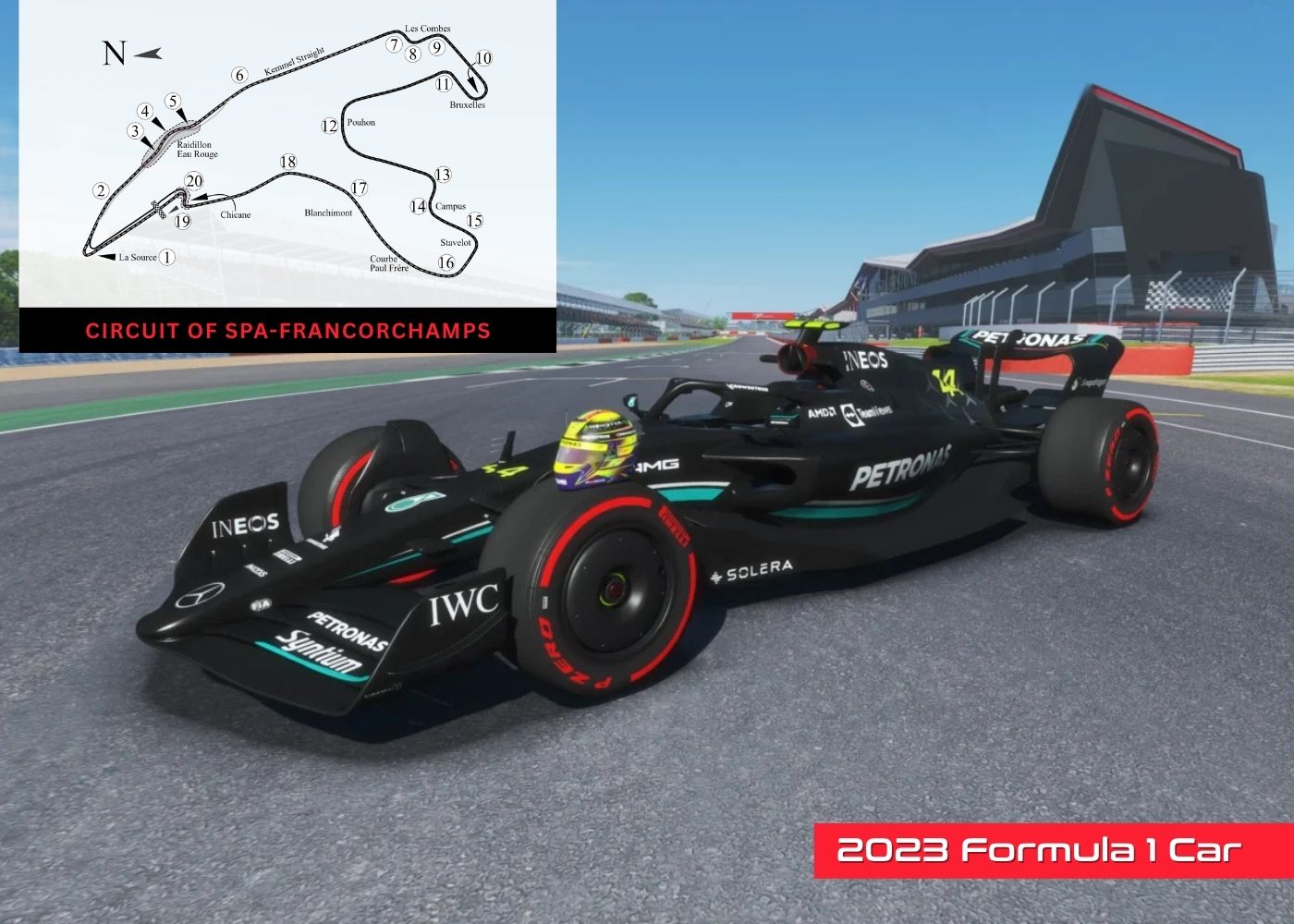2023 Formula 1 Car on a track with a picture of VIR race map in the corner