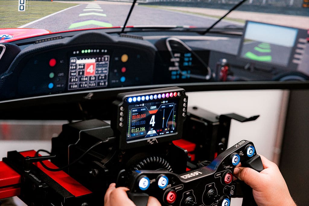 Close up of sim racing wheel and screen