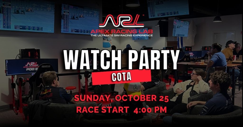 Apex Racing Lab Circuit of the Americas Watch Party promotional graphic featuring people sitting in lounge chairs watching racing on big screens, with racing simulators visible in the background. Text overlay reads: "WATCH PARTY COTA - Sunday, October 25 - Race Start 4:00 PM."