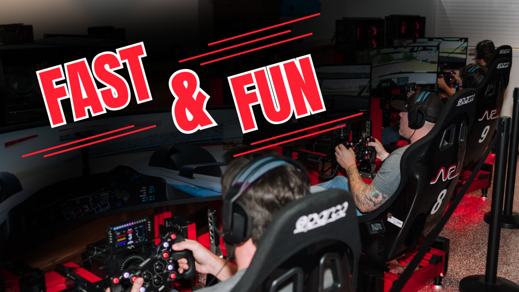 Sim racers at Apex Racing Lab with 'FAST & FUN' text graphic overlay.