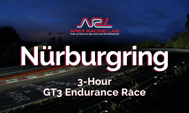 Promotional graphic featuring the Apex Racing Lab logo at the top against a dark twilight sky over the Nürburgring racetrack. Large bold text reads "Nürburgring 3-Hour GT3 Endurance Race".